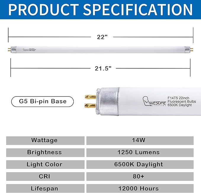 22 Inch F14T5/DL Fluorescent Light Bulb, 6500K Daylight, T5 14 Watts Fluorescent Replacement Bulb for Counter and Cabinet Fixture, G5 Base - 6 Pack
