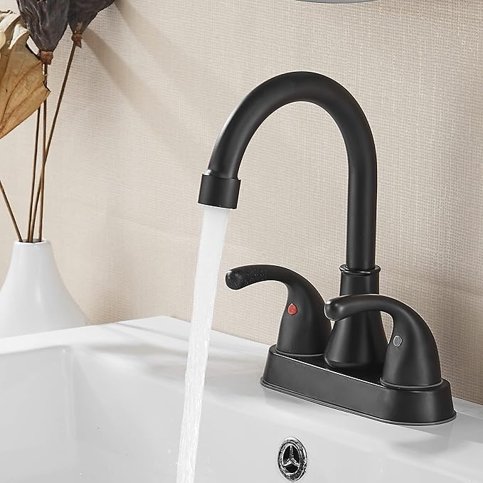Bathroom Sink Faucet FRANSITON 4 Inch Faucet 2 Handle Bathroom Sink Faucets Lead-Free Matte Black Bath Sinks Faucets with Pop-up Drain Stopper and Supply Hoses