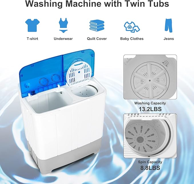 COSTWAY Portable Washing Machine, Twin Tub 22Lbs Capacity, Compact Washer(13.2Lbs) and Spinner(8.8Lbs) with Control Knobs, Built-in Drain Pump, Semi-Automatic Laundry washer for Apartment, RV (Blue)