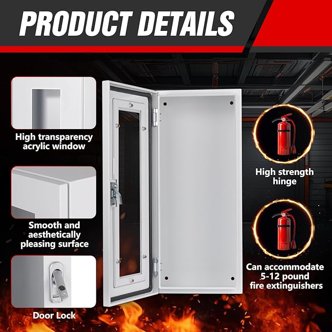 Fire Extinguisher Cabinet Wall and Surface Mount for 5-12 pounds Extinguisher, 23.6" H x 10.2" W x 6.7"D White Steel Fire Extinguisher Mount with Lock for Indoor Outdoor, with Full Clear Acrylic Door