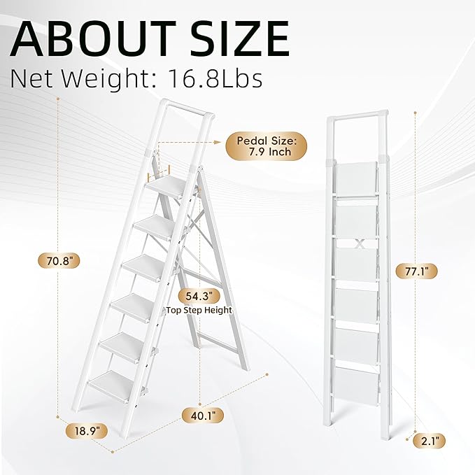 GameGem Step Ladder 6 Step Folding, Aluminum Ladders for High Ceilings, Tall Closet, Cabinet, 6 ft Lightweight Step Ladder with Anti-Slip Foot for Home Use, 330Lbs Load, White