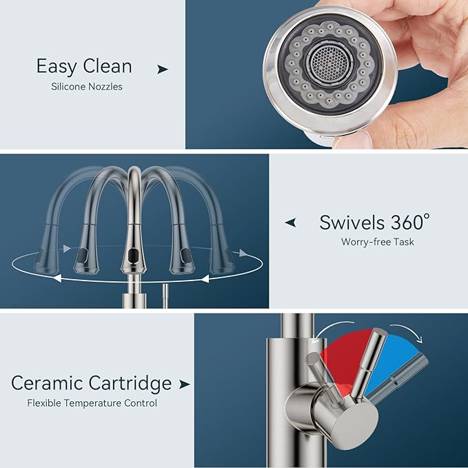 FORIOUS LED Kitchen Faucet with Pull Down Sprayer, Brushed Nickel, Single Handle Modern Stainless Steel Sink Faucet with Temperature Digital Display, Suitable for Farmhouse Camper Rv Bar