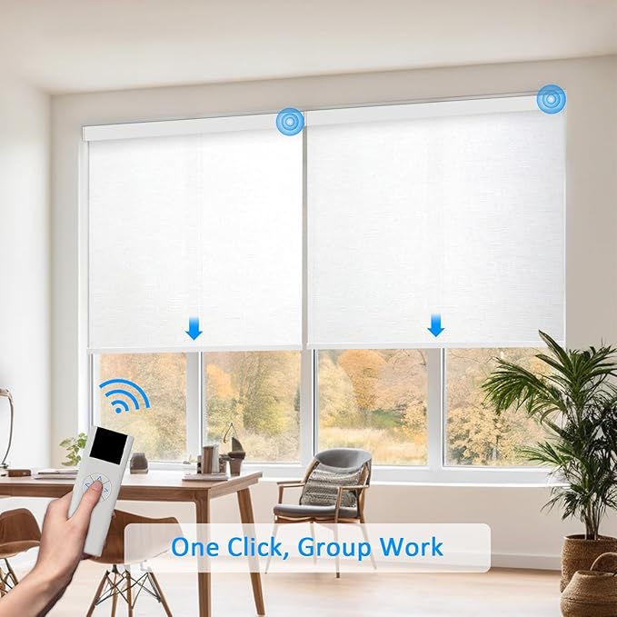 Motorized Blinds with Remote Cordless Automatic Motorized Shades Custom Blinds for Windows Smart Curtains Compatible with Alexa Google Home(Light Filtering Cloud White,W32 x H72in)
