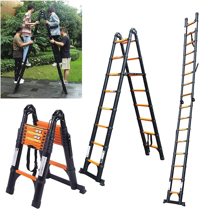 JADDUO 16.5FT A-Frame Telescoping Ladder Aluminum Compact Extension Ladder with Tool Platform & Stabilizer Bar Portable RV Ladder for Camper/Motorhome, 330lbs (Black)