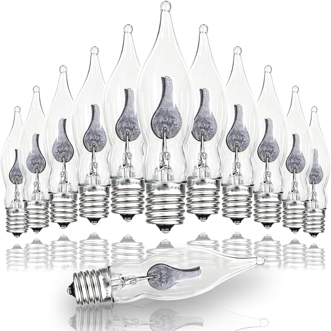 12 Pack C7 Flickering Flame Light Bulbs, Clear E12 Flickering Flame Bulb, Ideal for Christmas & Halloween Candelabra Light Bulbs & String Light Replacement, 1W, 120V