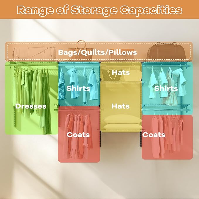 Giantex Closet Organizer System, Wall-mounted Custom Closet Kit w/Adjustable Storage Shelves, Wardrobe Clothes Rack w/Hanging Rods, Perfect for Coats, Pillows, Blanket (Gray, 98.5"x13.5"x48)