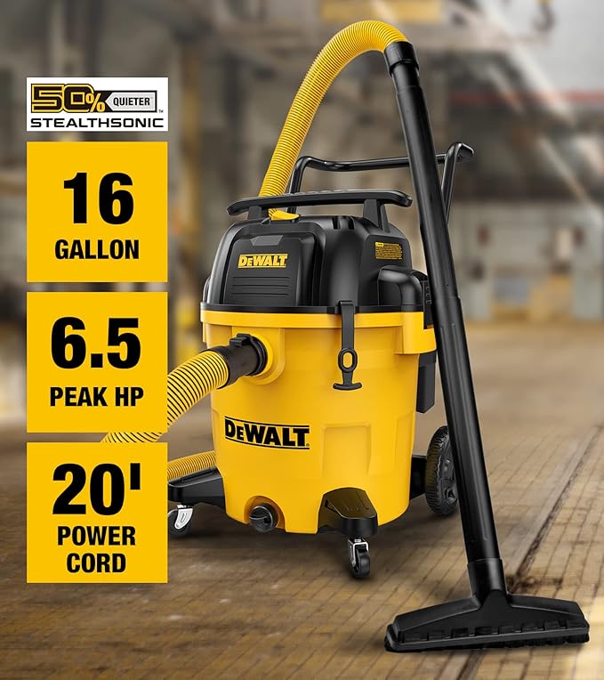 DEWALT 16 Gallon STEALTHSONIC Poly Wet/Dry Vacuum, DXV16P-QTA Noise Reduction Vac, Heavy Duty Shop Vacuum for Jobsite/Workshop, Reduce Motor Noise, Yellow