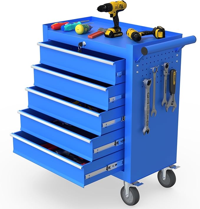 5-Drawer Rolling Tool Chest, Tool Box with 4 Wheels and Drawers, High Capacity Detachable Mobile Tool Storage Cabinet for Garage, Workshop, Mechanics and Repair Room (Blue)