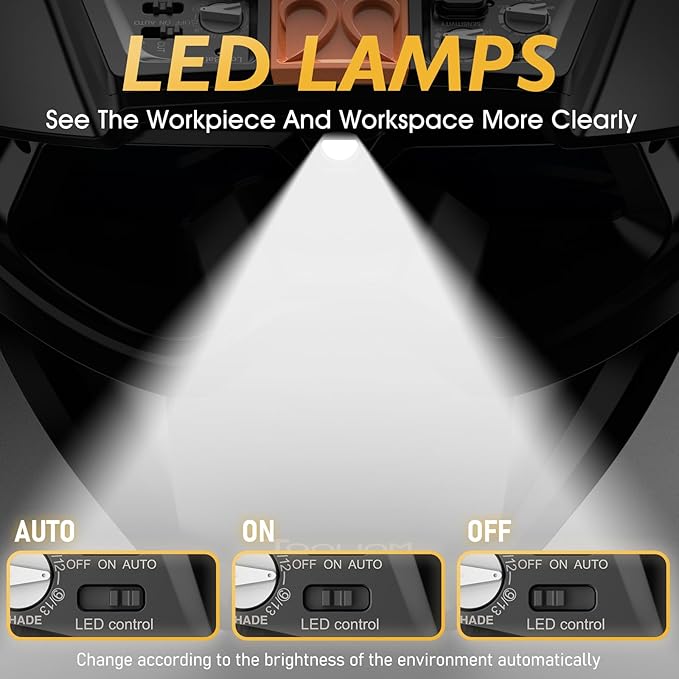 TOOLIOM Auto Darkening Welding Goggles 4 Arc Sensor Eye Protection Safety Goggles Welding Glasses with 𝐋𝐄𝐃 𝐋𝐢𝐠𝐡𝐭𝐢𝐧𝐠 & 𝐓𝐘𝐏𝐄-𝐂 𝐂𝐡𝐚𝐫𝐠𝐢𝐧𝐠 for MIG TIG Stick