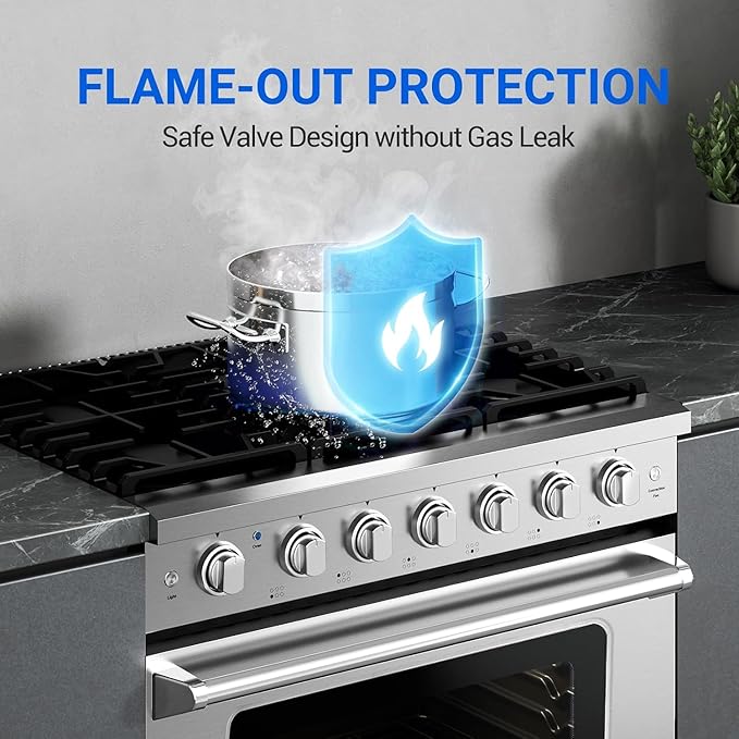 AAOBOSI 36 Inch Front Control Gas Range Oven with 6 Cooktop Burners, 6 Cu. Ft 18000 BTU Convection and Self Clean, Freestanding Heavy Duty Gas Range Stove with Halogen Light,Large Capacity,Silver