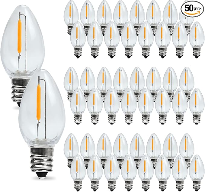 C7 Christmas Led Light Bulb, C7 Shatterproof Replacement Night Light Bulb, 0.6W Equivalent 7W Incandescent Bulb, Warm White 2200K, E12 Standard Base, 50Pack