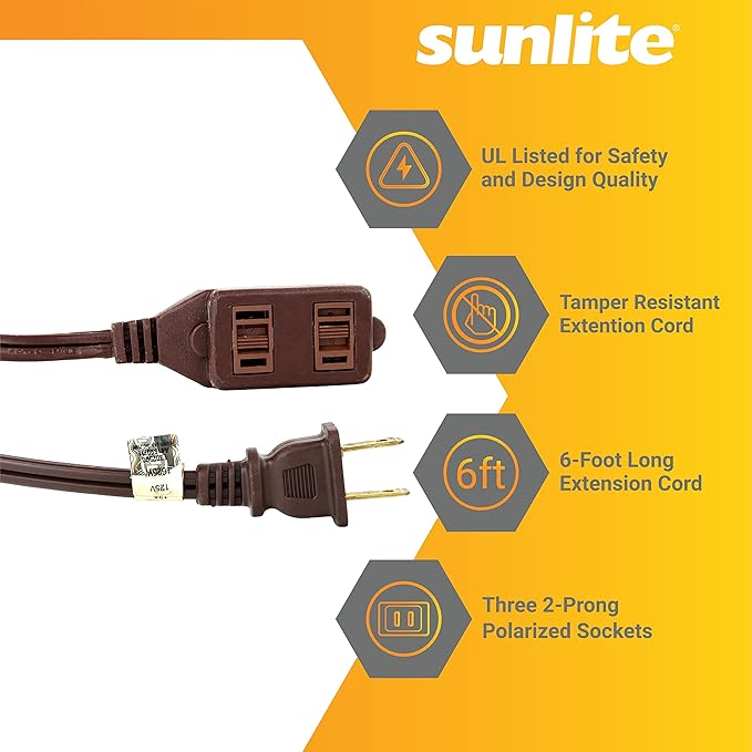 Sunlite 04095-SU 6-Foot Household Extension Cord, Three 2-Prong Polarized Sockets, Tamper Guards, Indoor Use, For Small Appliances, Electronics, Lamps, Fans, Mobile Devices, UL Listed, Brown