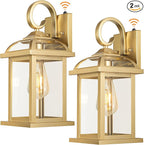 Dusk to Dawn Gold Porch Light 2-Pack 15 Inch, Aluminum Anti-Rust Large Outdoor Wall Lanterns with IP65 Waterproof Clear Glass Brass Outdoor Lights for House Photocell Patio Carriage Lights