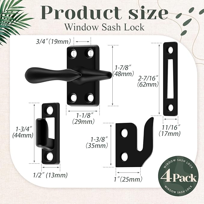 Hicarer 4 Pack Casement Window Lock 1-7/8 Inch Zinc Alloy Window Sash Lock Latch Replacement for Home Casement Windows (Matte Black)