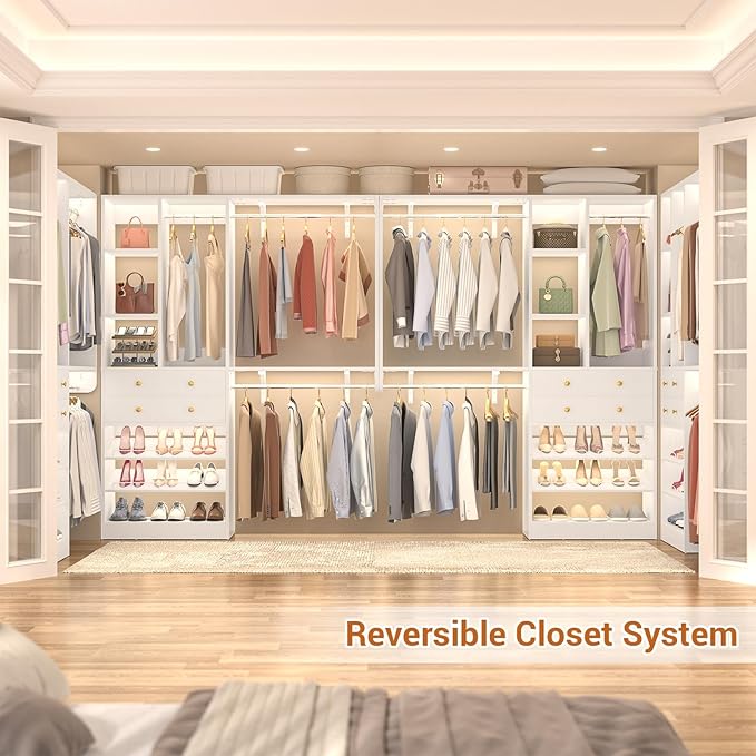 10FT Closet System with 4 Drawers, 120" Closet Organizer System with 6 Hanging Robs & Reversible Hanging Shelving, Closet Systems for Walk-in Closets, Load 2000+LBS, White 2 Pack