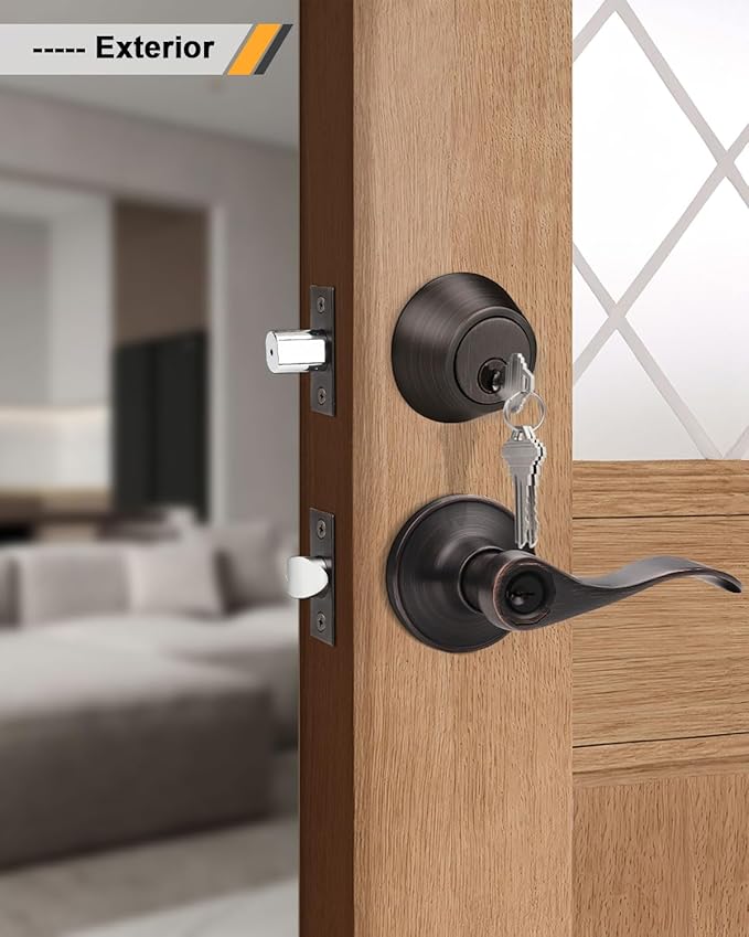 Gobrico Oil Rubbed Bronze Keyed-Alike Door Levers and Single Cylinder Deadbolts Combination Locksets, 2 Pack Front/Entry Handleset with Same Key, Reversible Wave Handles for Exterior Doors