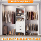 Homieasy 96 Inches Closet Organizer System, 8FT Customizable Walk In Closet Organizer with Hanging Rods, 3 Drawers Garment Rack with Leather Handle , 96" L x 16" W x 75" H, Max Load 1000 LBS, White