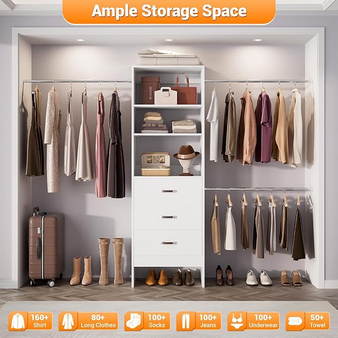 Homieasy 96 Inches Closet Organizer System, 8FT Customizable Walk In Closet Organizer with Hanging Rods, 3 Drawers Garment Rack with Leather Handle , 96" L x 16" W x 75" H, Max Load 1000 LBS, White