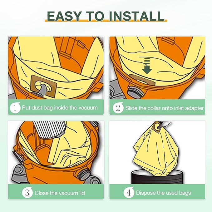 15PCS 5-8 Gallon Wet Dry Vacuum Filter Bags Replacement For Shop Vac Bags, Replace Part Type H #90671 9067100 9067133, Type E #90661 9066100 9066133, VF2004, VHBS VDBS（Yellow）