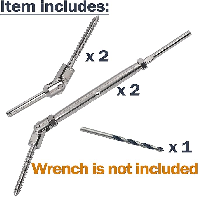 1/8 inch T316 Stainless Steel Adjustable Angle Single-Screw Cable Railing Kit/Hardware for Wood Posts，Marine Grade (2 Pairs)