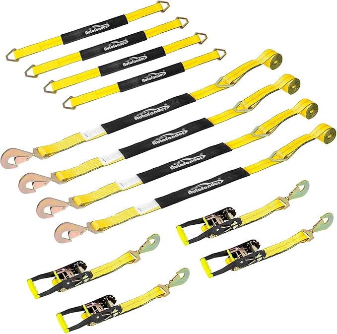 4 Pack 2” Heavy Duty Car Ratchet Tie Down Kit with Snap Hooks-Break Strength 10,000lbs-Working Load 3,333lbs-Includes 36” Axle Straps with D-Ring(Yellow)