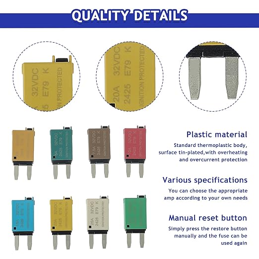BOJACK ATM Manual Resettable Fuse Low Profile Mini Blade Fuses 5A 6A 7.5A 10A 15A 20A 25A 30A Amp Automotive Circuit Breaker Fuses DC 12V 28 Volts Boat Marine RV Car Truck (8 pcs Mixed
