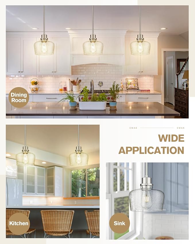 Emak Modern Brushed Nickel Pendant Lights Kitchen Island, 2 Pack 8 Inch Seeded Glass Pendant Light Fixtures for Kitchen Island, Bathroom, Bedroom, Dining Room, PL122-BN-2PK