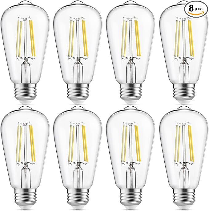Edison Light Bulbs 60W Equivalent, Dimmable Vintage LED Light Bulbs, E26 Medium Base, Cool White 4000K, ST58, 6W, 750LM, 90+ CRI, Antique Decorative Filament LED Bulb, Clear Glass, 8 Pack