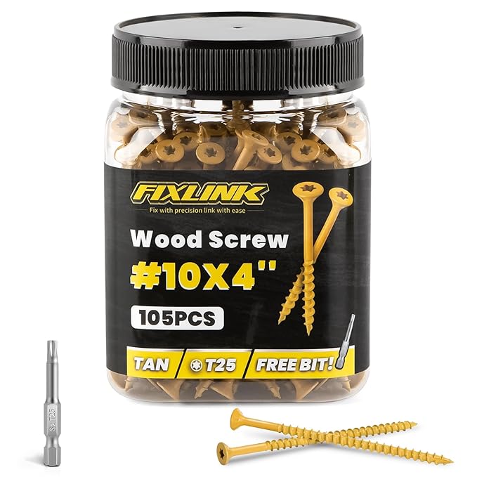 Wood Screws 4 Inch, FIXLINK Deck Screws #10 x 4, 105 PCS, Epoxy Coated, T25 Star Bit Above 1500 Hour Salt Spray Coating Outdoor Decking Screws Excellent Rust Resistant for Wood Fence, Tan