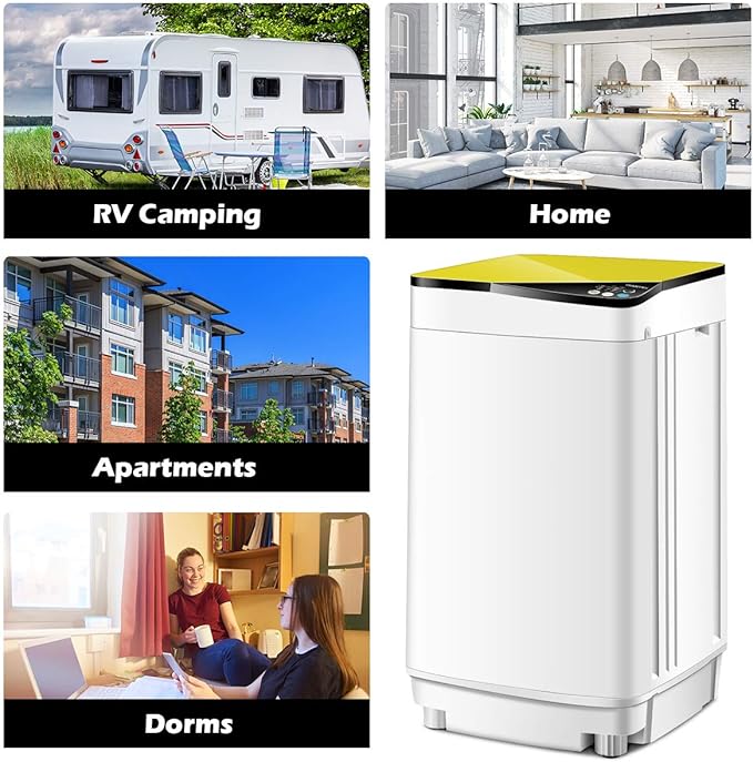 Waterjoy Portable Washing Machines, 7.7 lbs Load Capacity Portable Washer and Dryer Combo with Built-in Barrel Light & LED Display for Household and Apartment （Yellow）