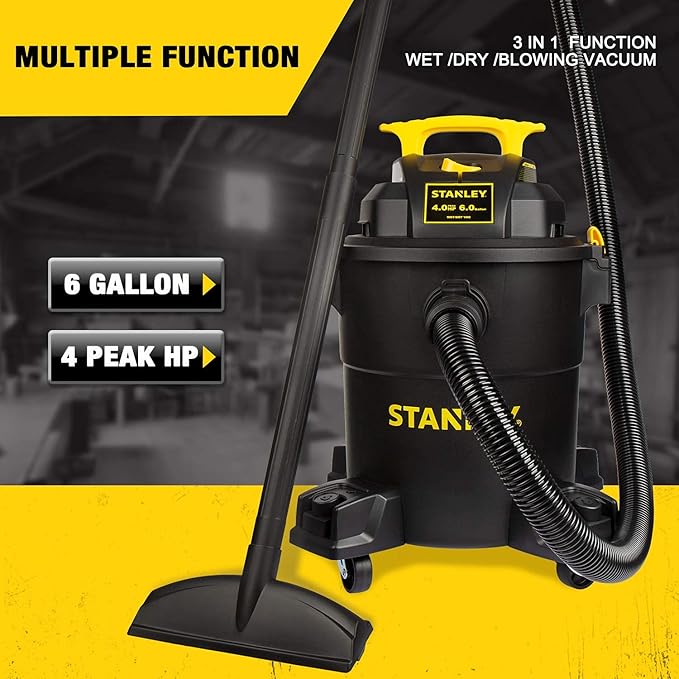 STANLEY 6 Gallon Wet Dry Vacuum, 4 Peak HP Poly 3 in 1 Shop Vac Blower with Powerful Suction, Multifunctional Shop Vacuum W/ 4 Horsepower Motor for Job Site,Garage,Basement,Workshop SL18116P