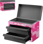 WORKPRO Metal Mini Tool Box, Top Tool Chest containing Two Drawers with Ball Bearing Slides, PVC Drawer Liners and PP Feet Pads, Cold Rolled Steel Small Toolbox for Multi-Purpose Storage - Pink Ribbon
