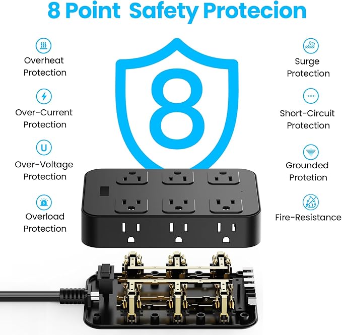 Flat Plug Power Strip Surge Protector with 12 AC Outlets 6 USB Ports 3 Side Multi Plug Outlet Extender 10 Ft Extension Cord for Home Office Kitchen Dorm Wall Desk Charging Station ETL Listed