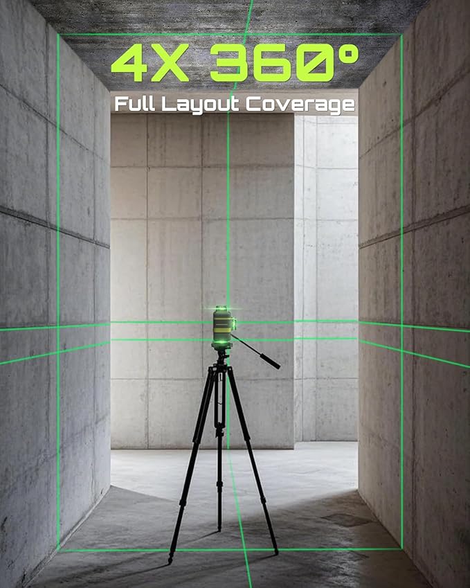 LasGoo LG-4D 16 Green Beam 4x360° Laser Level, Self-Leveling Tool with Horizontal and Vertical Dual Layout, Ideal for Construction and Picture Hanging, Magnetic Pivot Bracket Included
