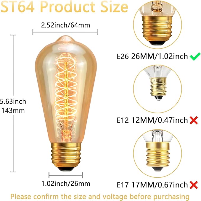 Edison Light Bulb 60W 6 Pack, ST64 Vintage E26 Incandescent Light Bulbs, 2200K Warm Dimmable Amber Spiral Filament, Antique Style Retro Glass Decorative Bulb for Table Lamp Home Office