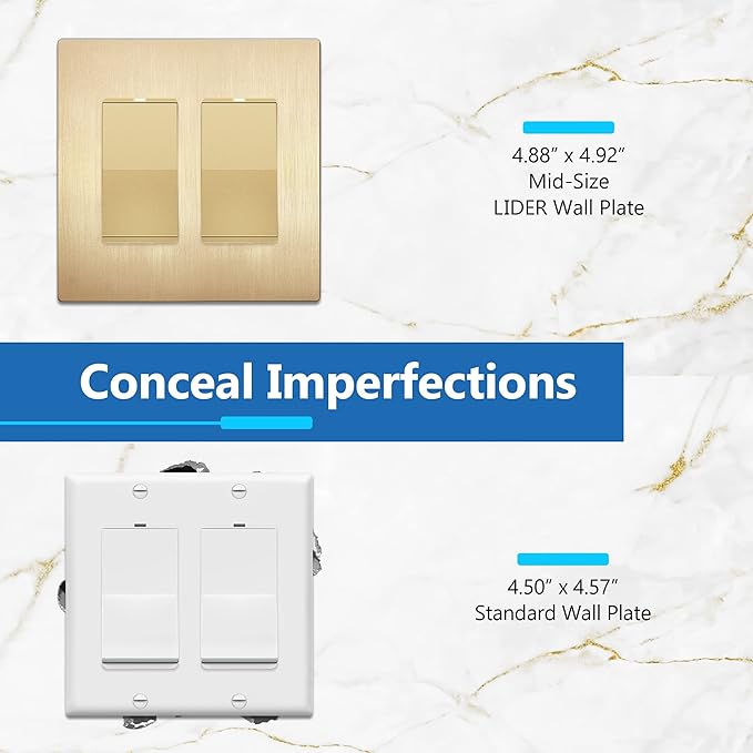 LIDER Matte Finish Double Decorator Switch Cover, Screwless Wall Plate, Mid-Size 2-Gang 4.88" x 4.92", Unbreakable Polycarbonate Thermoplastic, UL Listed, LSWP-32M-BGD5P, Brushed Gold, 5 Pack