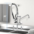 25" Height Commercial Faucet with Sprayer, Commercial Sink Faucet 8" Adjustable Center 12" Swing Spout, Commercial Wall Mount Faucet with Pre-Rinse Sprayer for Restaurant Industrial (25In)