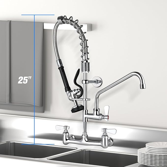 25" Height Commercial Faucet with Sprayer, Commercial Sink Faucet 8" Adjustable Center 12" Swing Spout, Commercial Wall Mount Faucet with Pre-Rinse Sprayer for Restaurant Industrial (25In)