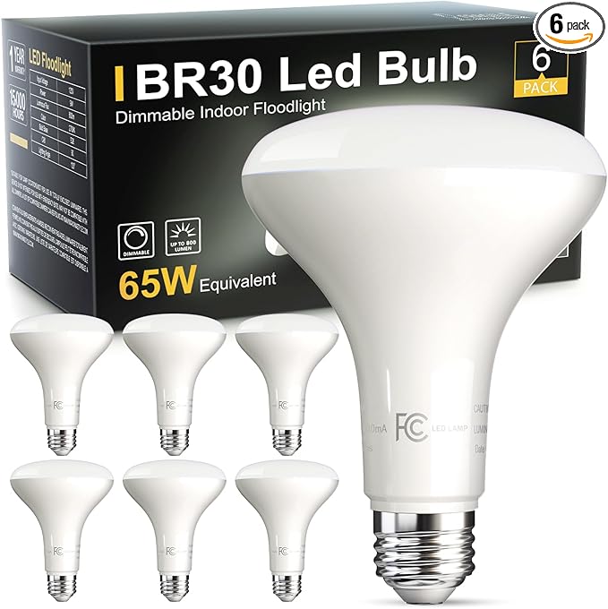 LED Flood Light Bulb Indoor, Dimmable BR30 Recessed Can Light Bulbs, 65 Watt Equivalent Efficient 9W, Daylight White 5000K, E26 Standard Base, 800 LM 15000 Hour Lifetime, for Ceiling, Kitchen, 6 Pack