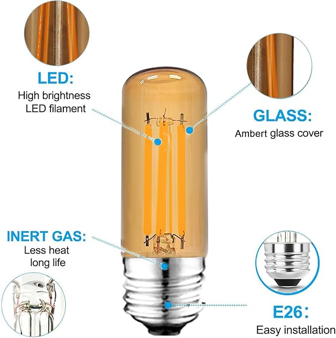 3.2 Inch 2200K Amber White E26 LED Bulb 60 Watt Equal, AC 120V 600LM Edison Bulbs Dimmable, 6W T10 T30 Tubular Filament Light Bulbs Glass for Fan Pendant Wall Light, UL Listed-4 Pack