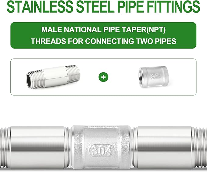 TAISHER 2PCS Stainless Steel Pipe Fittings, 1/4" NPT Male x 1/4" NPT Male Threaded, 2" Length Thickened Nipple Cast Pipe