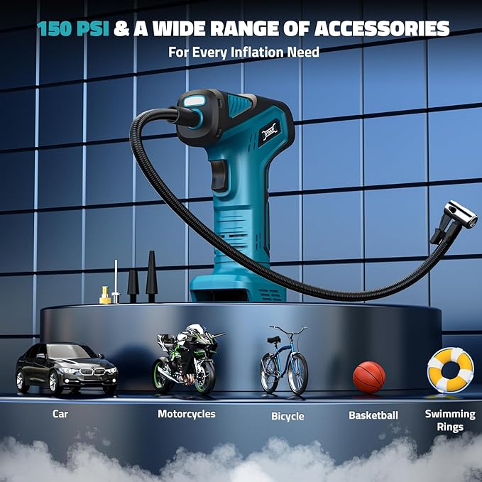 150PSI Tire Inflator Portable Air Compressor: Cordless Air Pump Compatible with Makita 18V Battery - Car Tire Pump with Digital Pressure Gauge & LED Light for Auto, Motorcycles(Bare Tool)