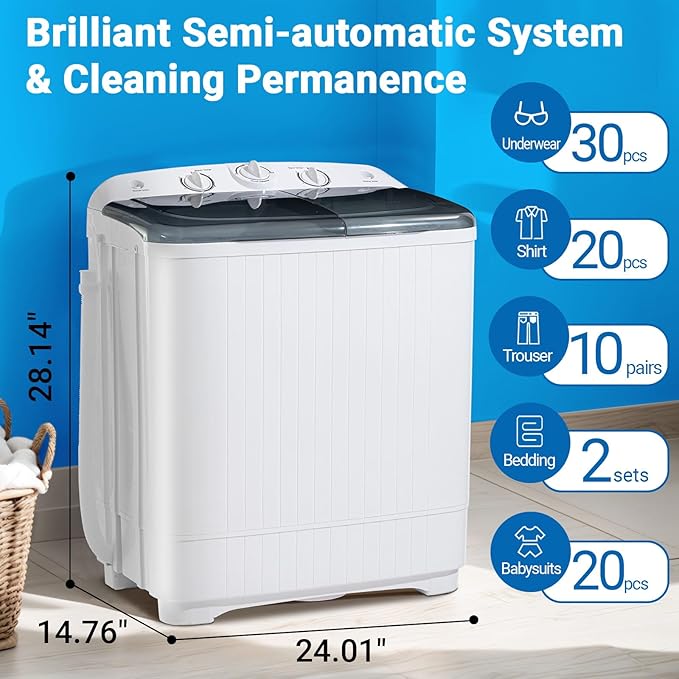 2-in-1 Portable Washing Machine, 13lbs Wash 9lbs Spin Capacity, Compact Mini Washer and Dryer Combo, Portable Washing Machines for Apartments, Automatic Clothes Washer for Dorm RV Camping