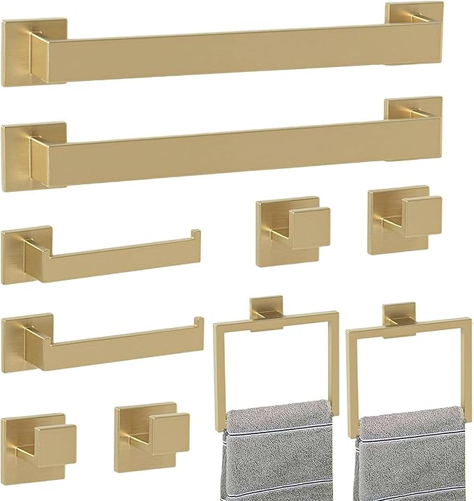 Bathroom Accessory Towel Bar Set: 10 Pieces Gold Bathroom Hardware Square SUS304 Stainless Steel - Wall Mounted Towel Rack&Toilet Paper Holder&Towel Ring and Towel Hook