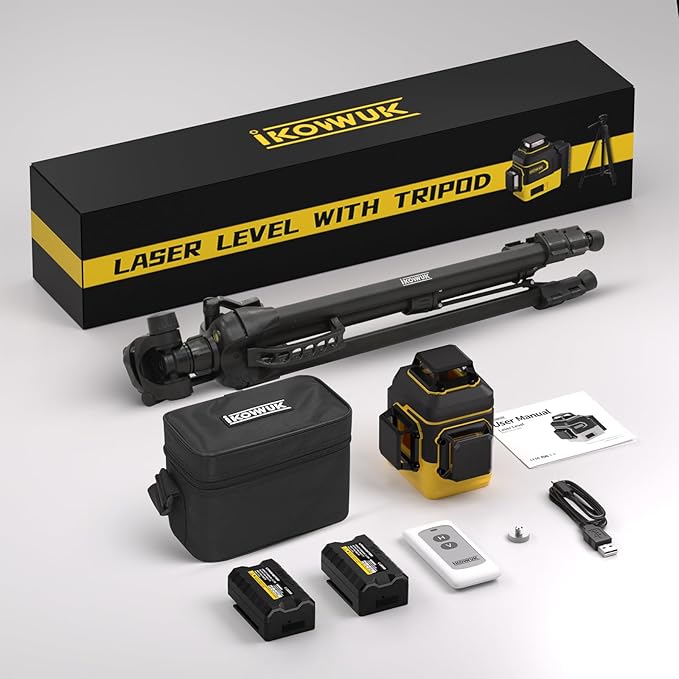 IKOVWUK Laser Level with Tripod, Laser Level 3x360° Self Leveling 12 Green Line, Rechargeable Battery 2 x 3000 mAh & Type-C Charging Port, Compact Adjustable 1.6M Tripod & Carry Pouch Included