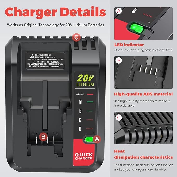 ARyee LB2X4020 6.0Ah 20V Battery for Black and Decker 20V Max LBXR20 LB20 LBX20 LBXR2020 LBX4020 LBX4020 Cordless Tools Battery with 20V Battery Charger PCC685L
