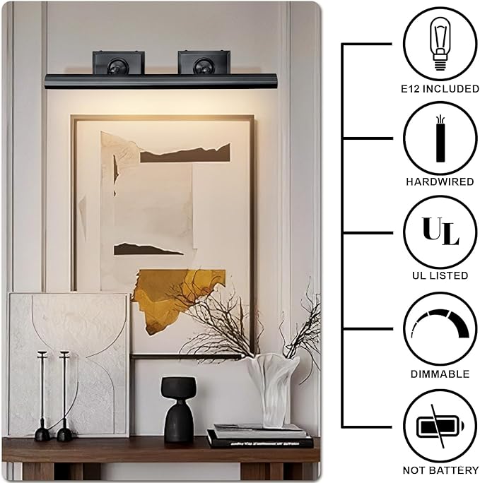 Picture Light, 24in Hardwired Picture Lights for Wall, Dimmable Poster Paintings Frames Light, Brass 4 Lighting Wall Sconces for Art Display Gallery Bathroom Living-Included Bulbs(Black)