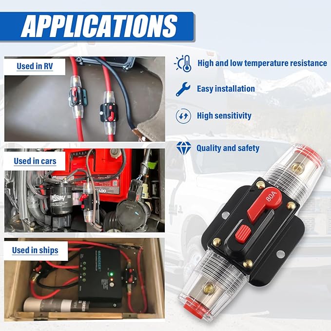 BOJACK 80A Audio Inline Circuit Breaker Reset Fuse Holder 12-24V DC Manual Reset Fuse Holder 3-15 AWG Overload Protection for Car Audio Sound Amplifier System RV Marine Boat Truck Solar Inverter