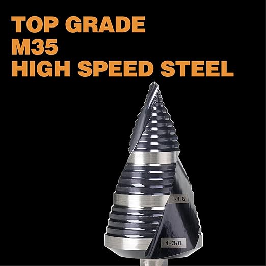 Heavy Duty M35 HSS 1/4 to 1-3/8 Inch Step Drill Bit with Double Flutes, Large High Speed Steel Step Bit for Stainless Steel, Metal, Wood