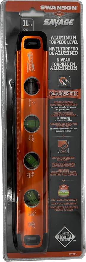 Swanson Tool Co SVT011 11-Inch Savage Aluminum Torpedo Level with Neodymium Magnets,Orange